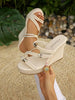 Women's Rhinestone Decor Wedge Sandals, Woven Trim Open Toe Slip-On Wedge Sandals, Summer Slide Wedge Sandals Suitable For Vacation